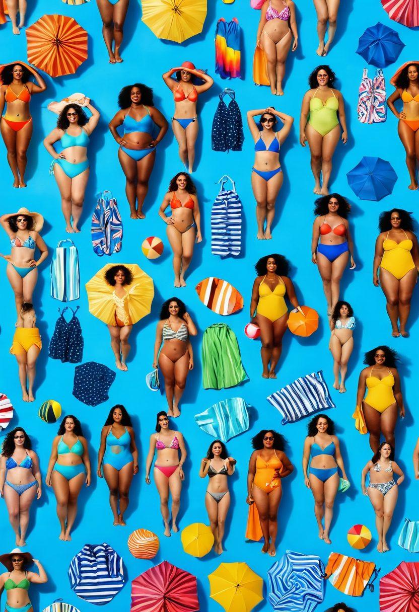 A vibrant collage showcasing diverse swimwear styles on various body types, featuring a sunlit beach background with clear blue water. Include individuals of different sizes and ethnicities confidently trying on swimwear, surrounded by colorful beach accessories like towels, umbrellas, and flip-flops. Emphasize joyful expressions and body positivity. bright colors. summer vibes. 3D.